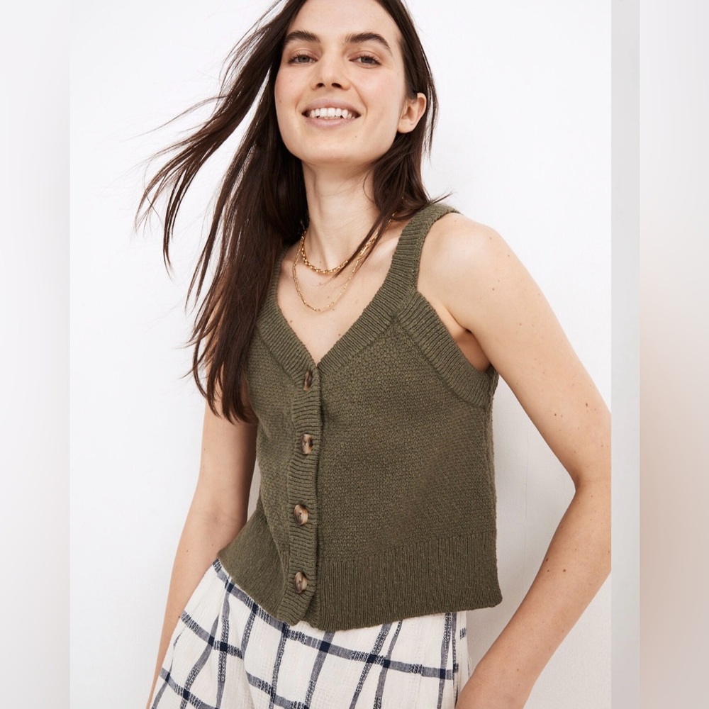 Madewell Wakefield Button-Front Sweater Tank Dried Clover Green Size Medium